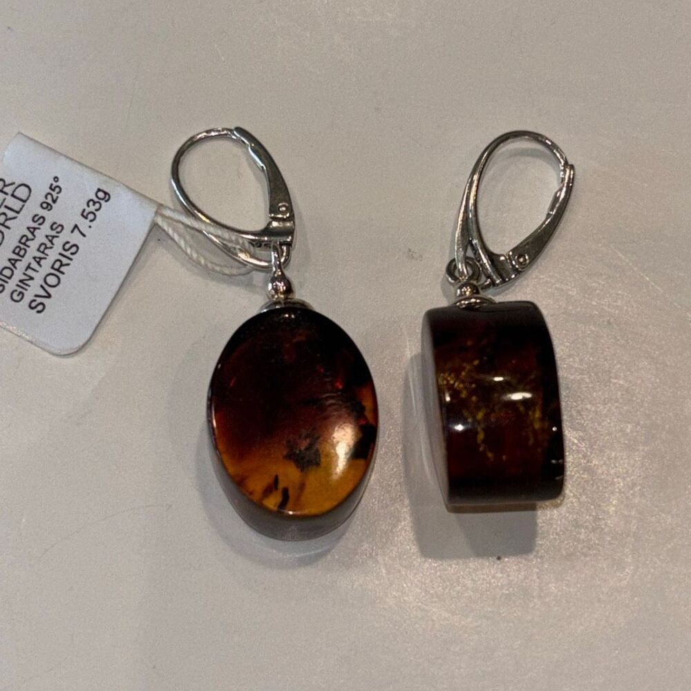 NWT Amber World Dark Baltic Amber & sterling silver dangle earrings 7.53g